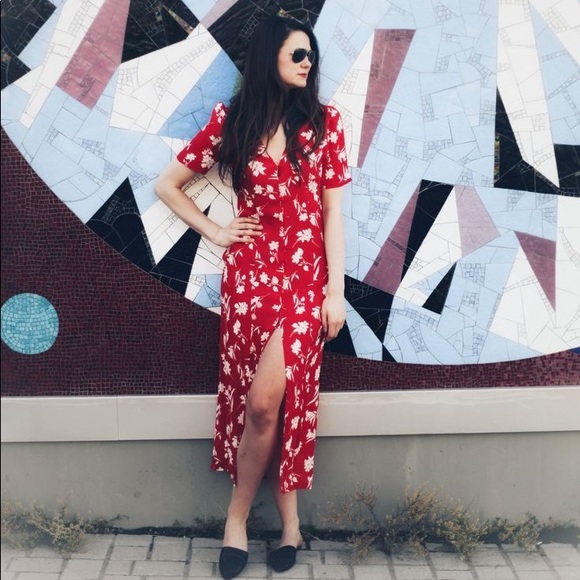 zara red floral midi dress